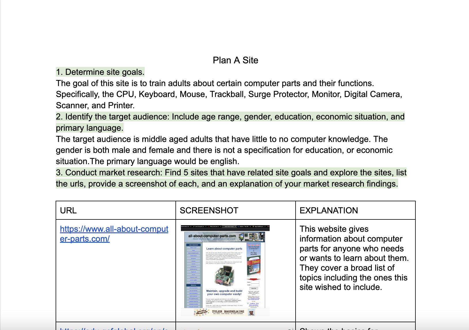 Plan a Site Google Doc screenshot